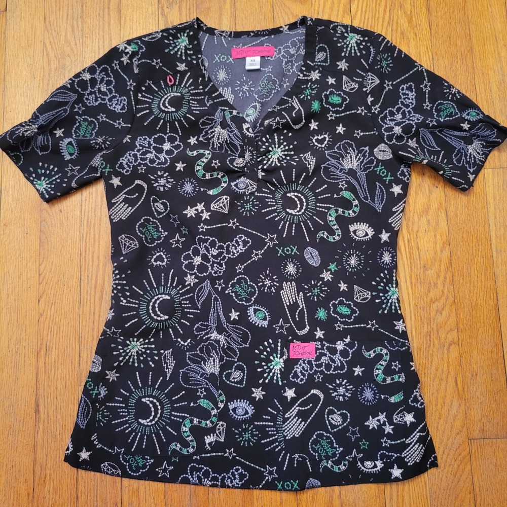 Betsey Johnson XS Scrub Top Black Celestial Moon Star Mystic Nursing Lightweight